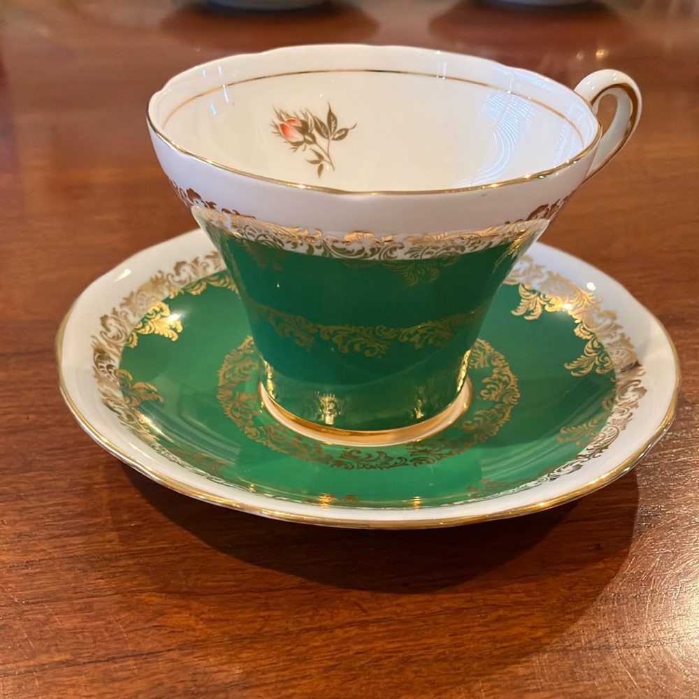 Royal Stafford vintage tea cup & saucer, bone china, green with gold filigree